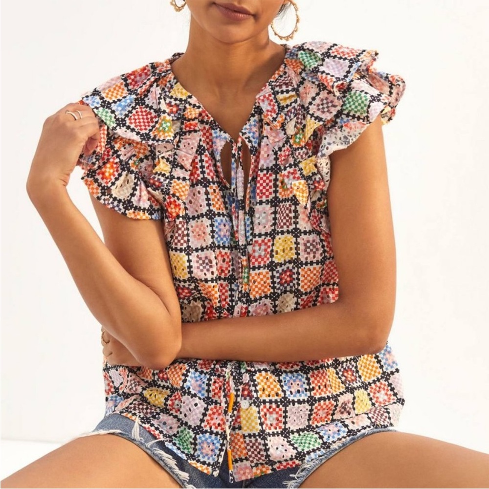 NWT Maeve Anthropologie Granny Square Pattern shirt M